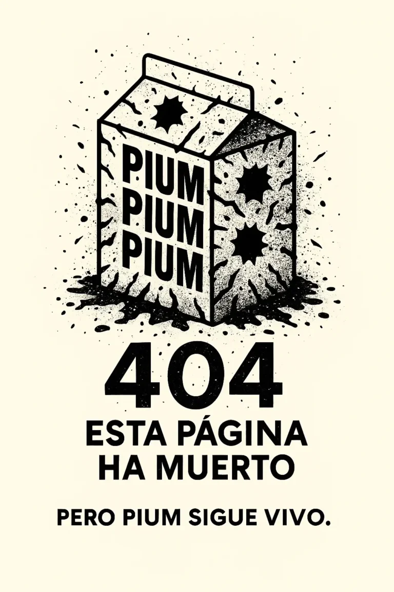 Página de error 404 de Pium Agencia con caja de leche baleada y mensaje "Pero Pium sigue vivo